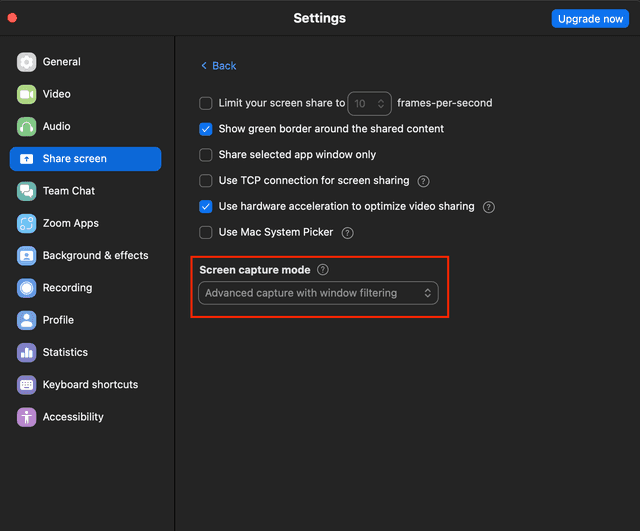Zoom settings window showing Advanced capture with window filtering